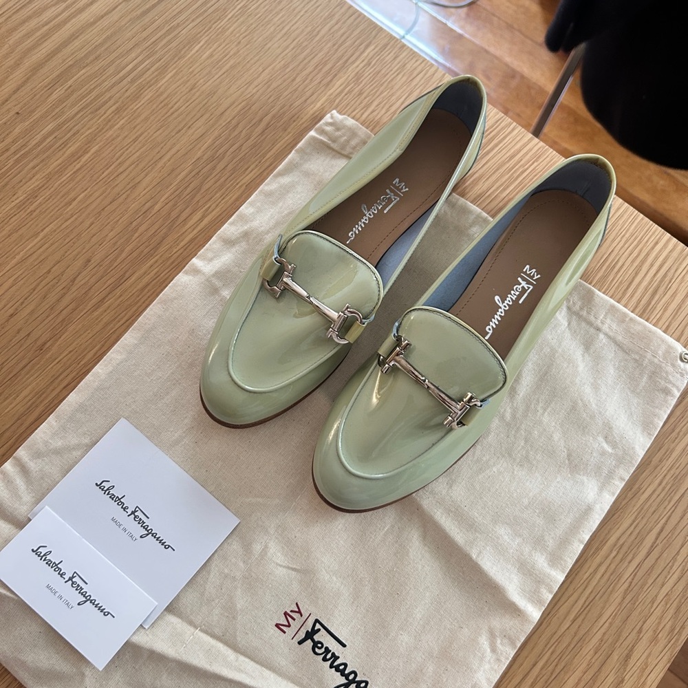 Salvatore Ferragamo Green Patent Leather Loafers 38.5